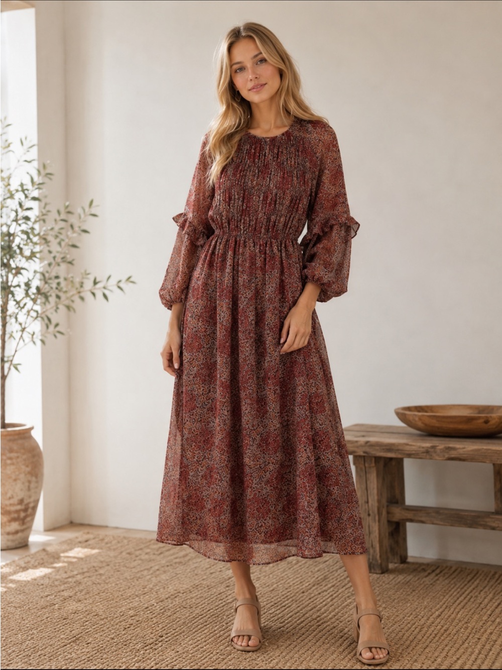 Mango Rust Floral Midi Dress